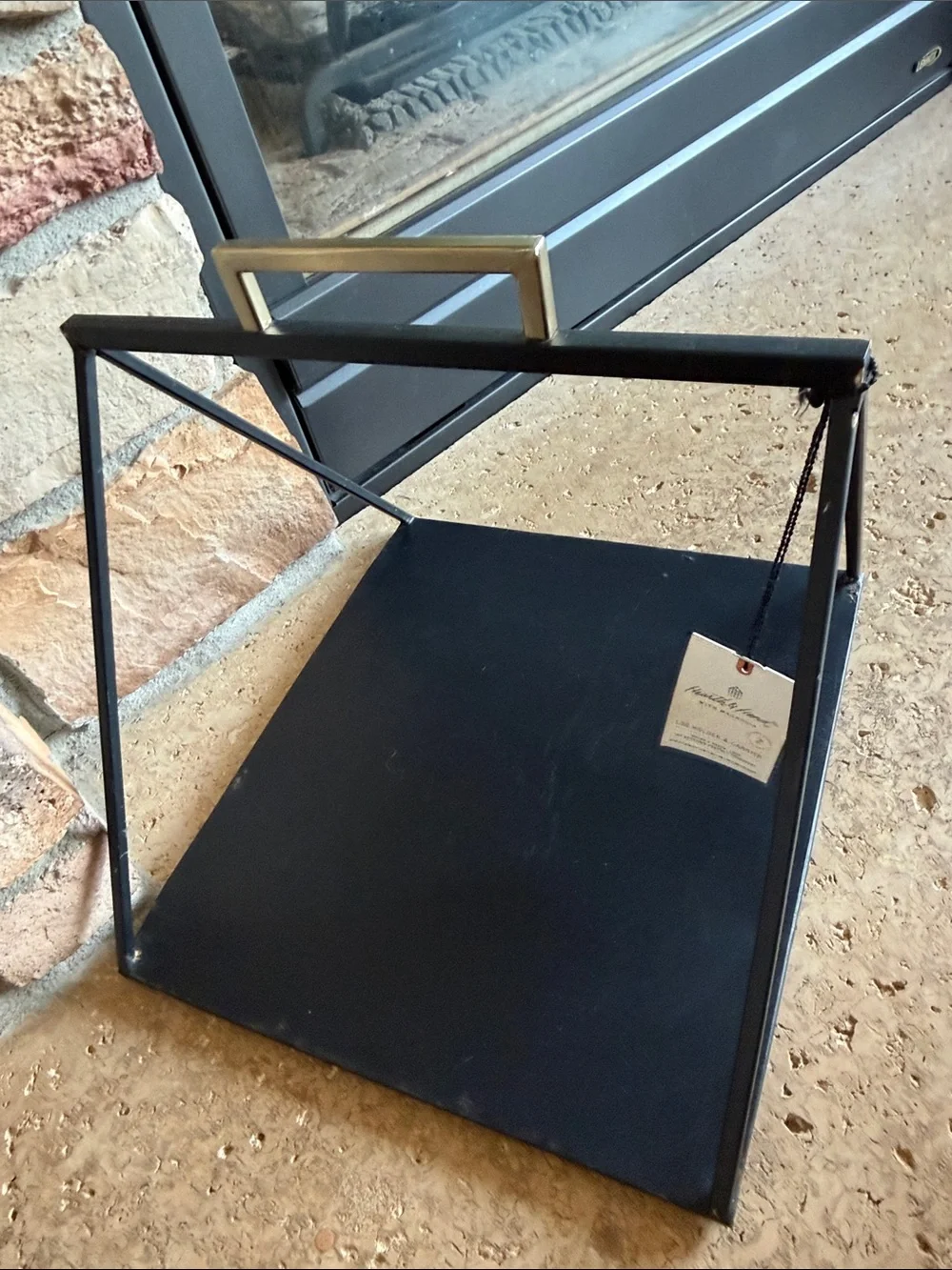 Hearth & Hand Black Metal Pyramid Log Holder & Carrier with Brass Handle Accent